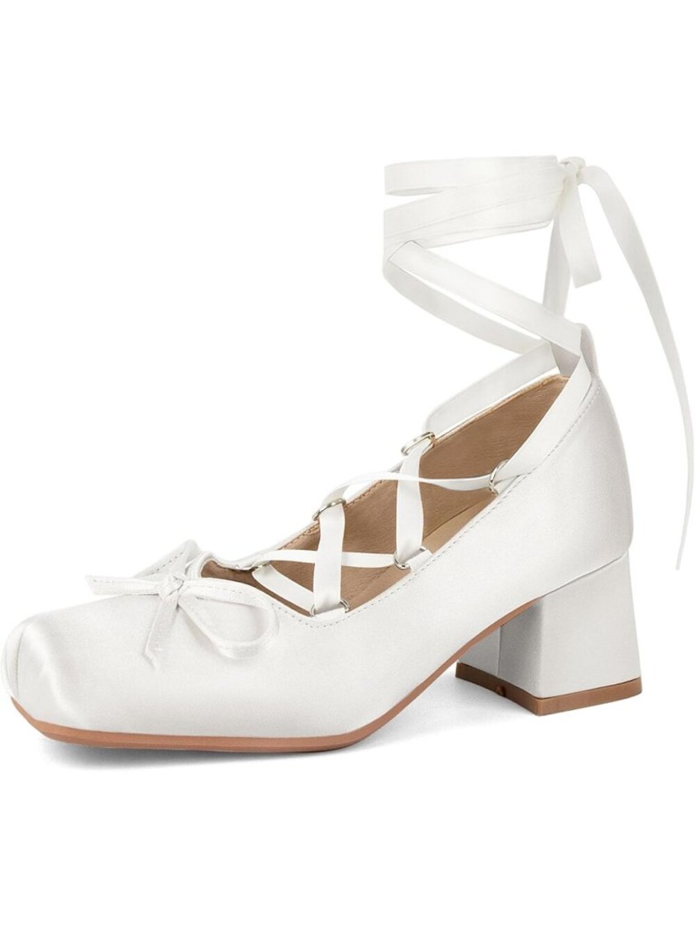 Women's White Chunky Block Heel Ribbon Pumps Square Toe Lace Up Ballet Heels